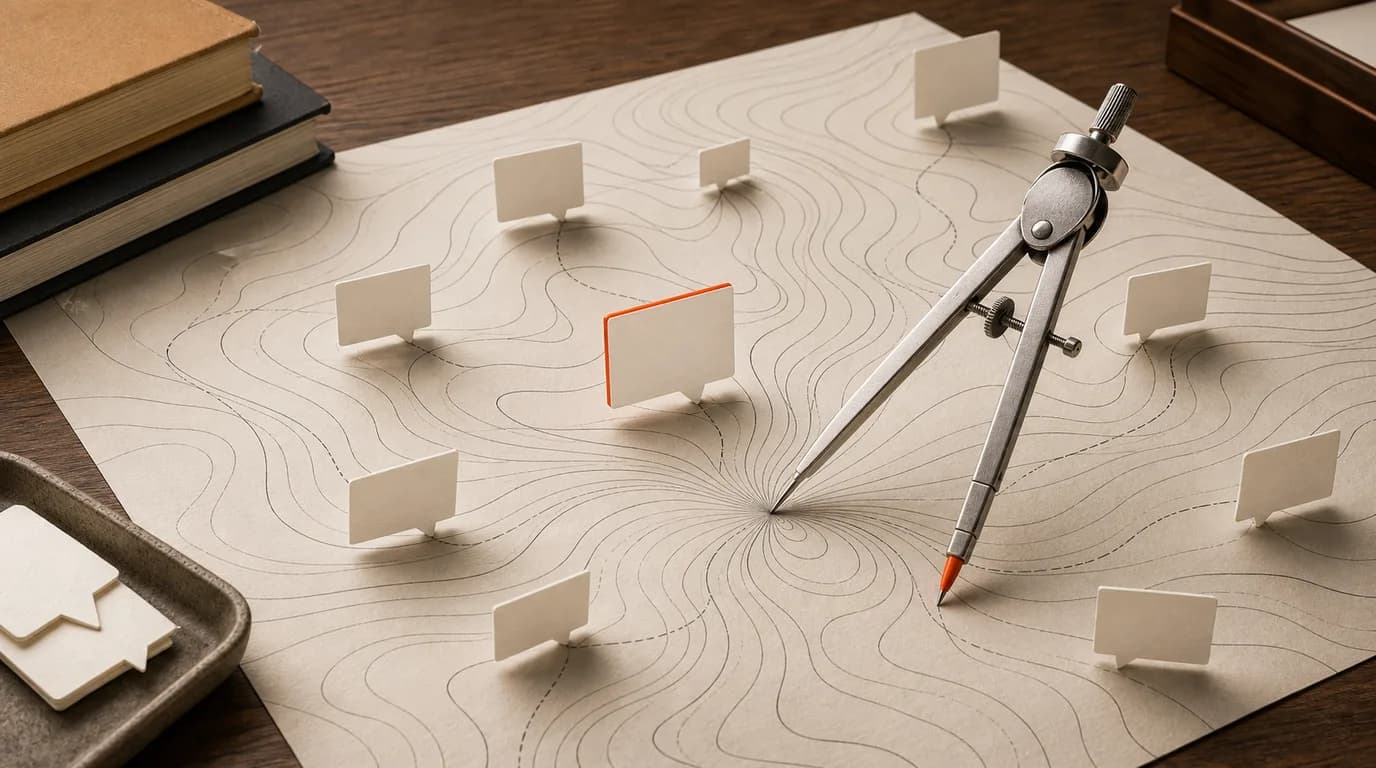 A drafting compass on an abstract topographic paper map surrounded by small conversation-card signposts on a warm desk.