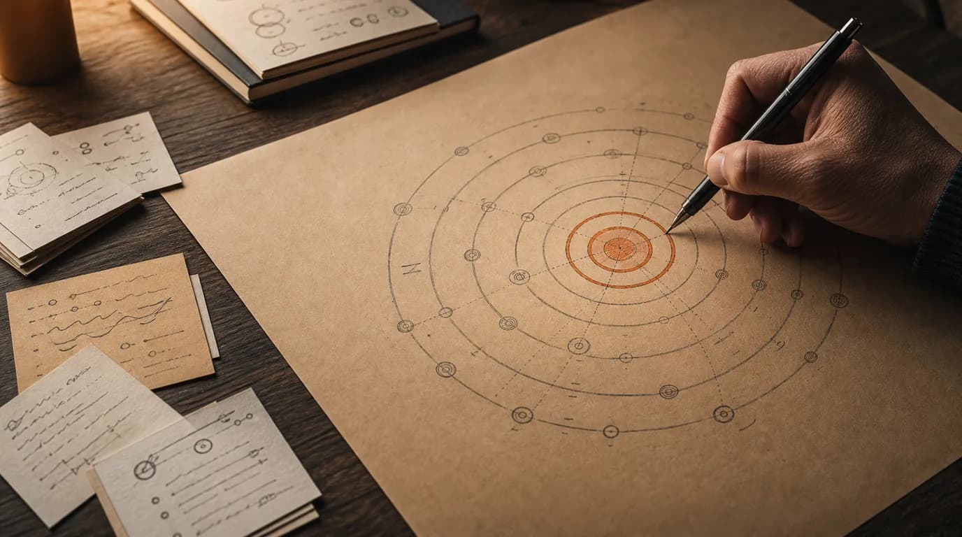 Hand sketching concentric circle diagram on kraft paper with amber center ring and grey outer rings on dark oak desk with scattered index cards.