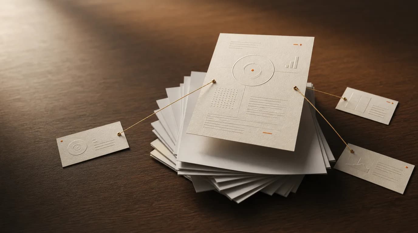 A single annotated cream page lifted above a stack of blank pages on a warm wooden desk, with thin brass threads connecting it to three smaller cards.