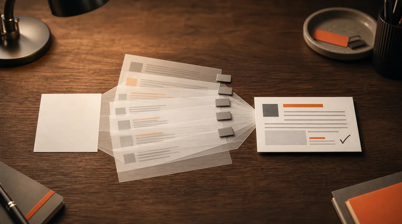 A paper question card branching into a fan of overlapping translucent sheets that converge into a single answer card marked with a small hand-inked check, lit by a warm desk lamp on a walnut desk.