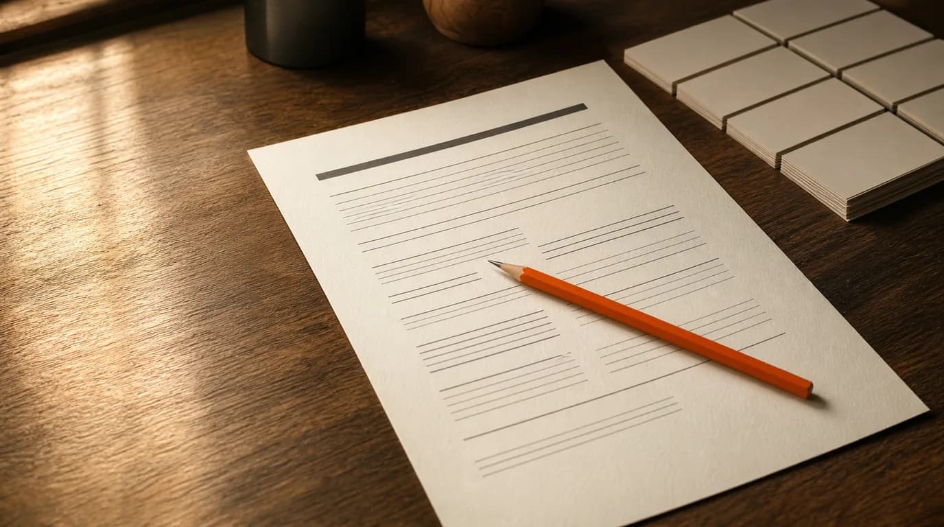 Overhead view of a structured document draft on cream paper resting on an oak desk, with horizontal ruled lines at varying weights suggesting heading hierarchy and an orange pencil placed diagonally across the sheet, small index cards arranged in a grid in the upper corner.